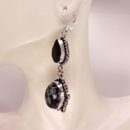 Vintage Snowflake obsidian Black Onyx Dangle Earrings Sterling Silver Leverbacks