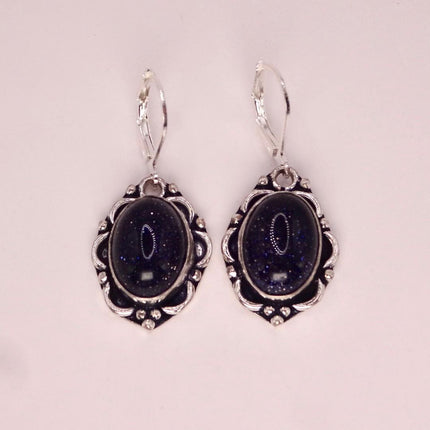 Vintage Black Goldstone Dangle Earrings Sterling Silver Leverbacks