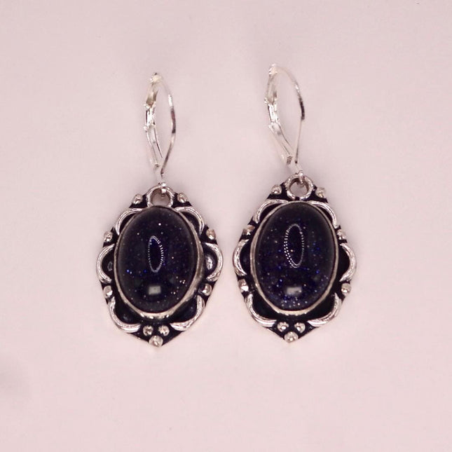 Vintage Black Goldstone Dangle Earrings Sterling Silver Leverbacks