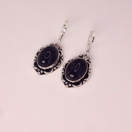 Vintage Black Goldstone Dangle Earrings Sterling Silver Leverbacks