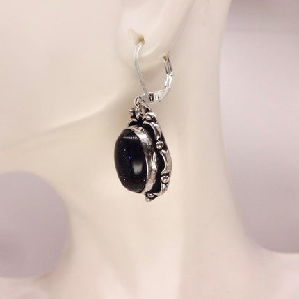 Vintage Black Goldstone Dangle Earrings Sterling Silver Leverbacks