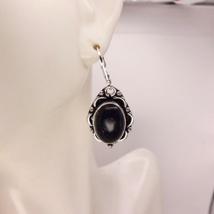 Vintage Black Goldstone Dangle Earrings Sterling Silver Leverbacks