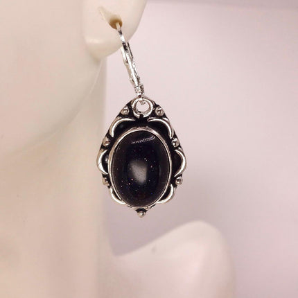 Vintage Black Goldstone Dangle Earrings Sterling Silver Leverbacks