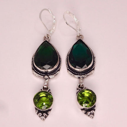 Vintage Green Peridot Glass Silver Earrings | 925 sterling Silver Lever Backs
