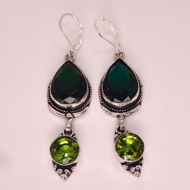 Vintage Green Peridot Glass Silver Earrings | 925 sterling Silver Lever Backs