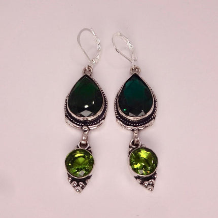 Vintage Green Peridot Glass Silver Earrings | 925 sterling Silver Lever Backs