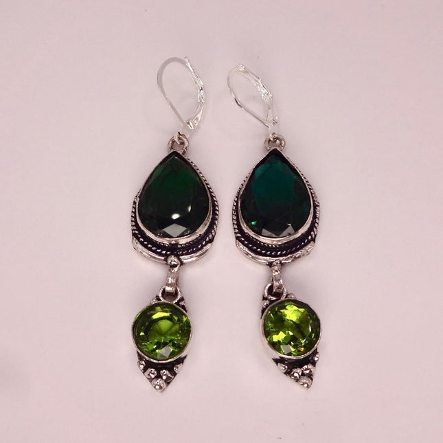 Vintage Green Peridot Glass Silver Earrings | 925 sterling Silver Lever Backs