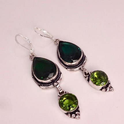 Vintage Green Peridot Glass Silver Earrings | 925 sterling Silver Lever Backs