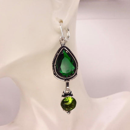 Vintage Green Peridot Glass Silver Earrings | 925 sterling Silver Lever Backs