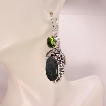 Vintage Moss Agate Peridot Silver Earrings | 925 sterling Silver Lever Backs