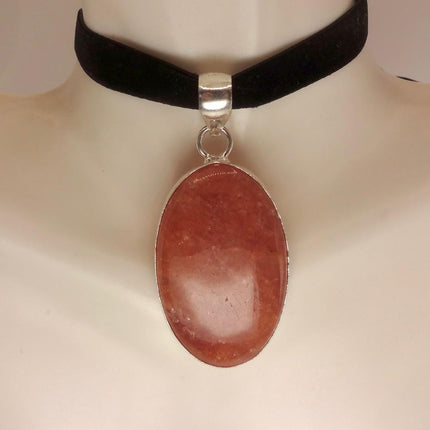 Vintage Orange Sunstone Black Velvet Choker White Bronze Necklace