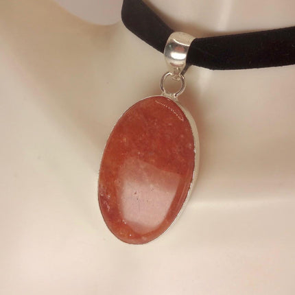 Vintage Orange Sunstone Black Velvet Choker White Bronze Necklace