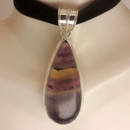Vintage Silver Bronze Purple Green Fluorite Black Velvet Choker Pendant Necklace