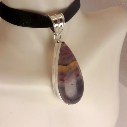 Vintage Silver Bronze Purple Green Fluorite Black Velvet Choker Pendant Necklace