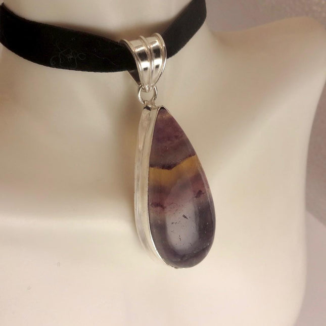 Vintage Silver Bronze Purple Green Fluorite Black Velvet Choker Pendant Necklace