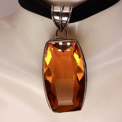 Vintage Pink Yellow Glass Silver Boho Statement Necklace Black Velvet Choker