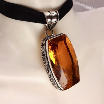 Vintage Pink Yellow Glass Silver Boho Statement Necklace Black Velvet Choker