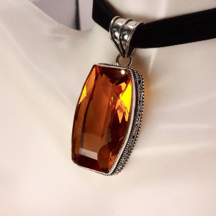 Vintage Pink Yellow Glass Silver Boho Statement Necklace Black Velvet Choker