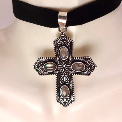 Vintage Pink Rose Quartz Cross Silver Bronze Black Velvet Choker Necklace