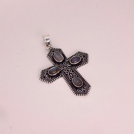 Vintage Pink Rose Quartz Cross Silver Bronze Black Velvet Choker Necklace