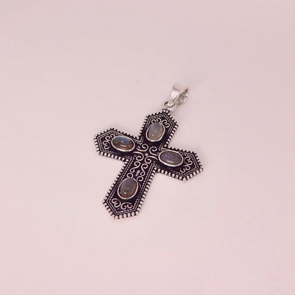 Vintage Pink Rose Quartz Cross Silver Bronze Black Velvet Choker Necklace