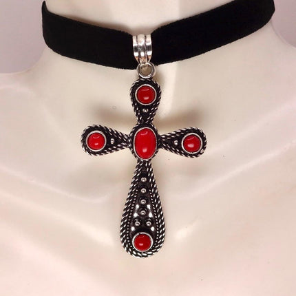 Vintage Red Cross Silver Bronze Black Velvet Choker Necklace