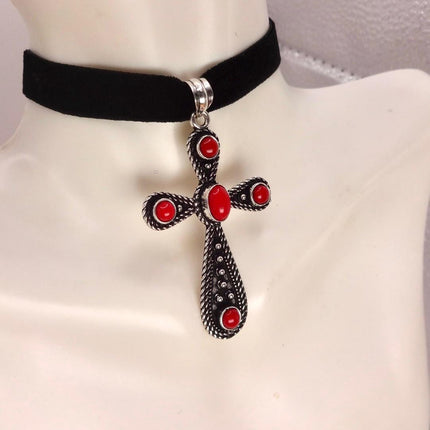 Vintage Red Cross Silver Bronze Black Velvet Choker Necklace