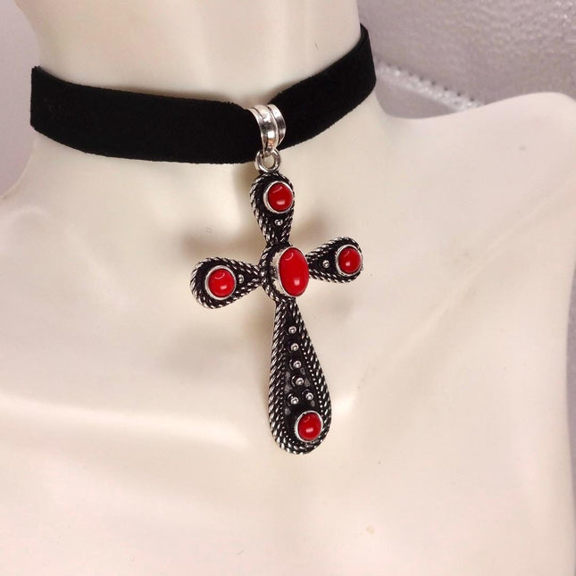 Vintage Red Cross Silver Bronze Black Velvet Choker Necklace