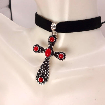 Vintage Red Cross Silver Bronze Black Velvet Choker Necklace