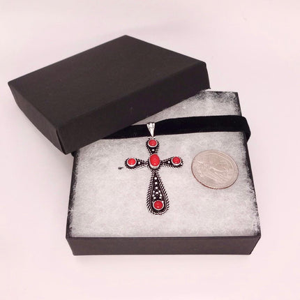 Vintage Red Cross Silver Bronze Black Velvet Choker Necklace