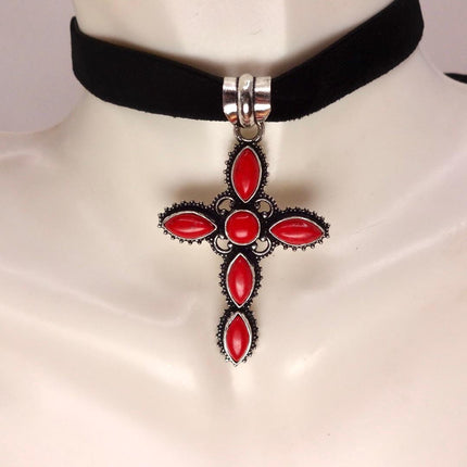 Vintage Red Cross Silver Bronze Black Velvet Choker Necklace