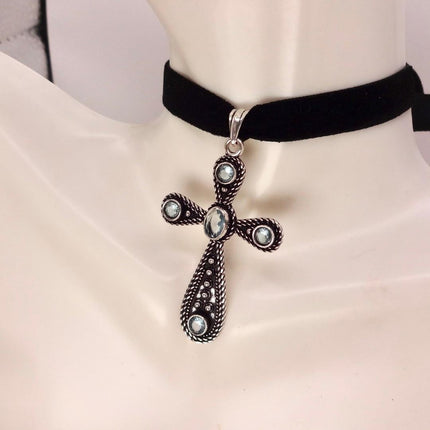 Vintage Rainbow Moonstone Cross Silver Bronze Black Velvet Choker Necklace