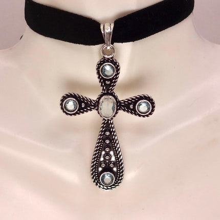 Vintage Rainbow Moonstone Cross Silver Bronze Black Velvet Choker Necklace