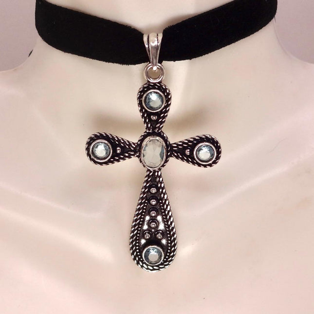 Vintage Rainbow Moonstone Cross Silver Bronze Black Velvet Choker Necklace