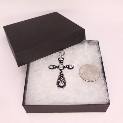 Vintage Rainbow Moonstone Cross Silver Bronze Black Velvet Choker Necklace