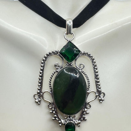 Vintage Green Bloodstone Choker Necklace - Bronze and Silver Finish Black Velvet Ribbon Design