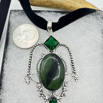 Vintage Green Bloodstone Choker Necklace - Bronze and Silver Finish Black Velvet Ribbon Design