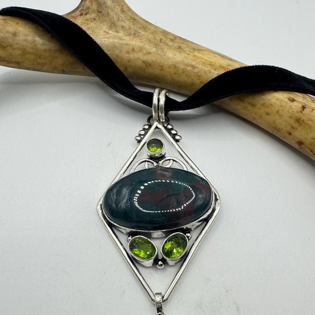 Vintage Green Bloodstone Choker Necklace - Bronze and Silver Finish Black Velvet Ribbon Design
