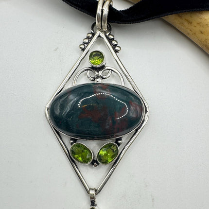 Vintage Green Bloodstone Choker Necklace - Bronze and Silver Finish Black Velvet Ribbon Design