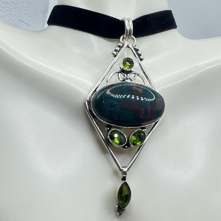 Vintage Green Bloodstone Choker Necklace - Bronze and Silver Finish Black Velvet Ribbon Design