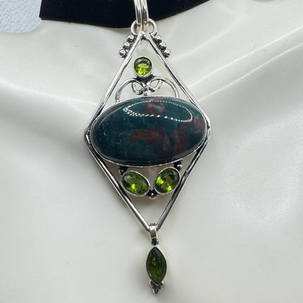 Vintage Green Bloodstone Choker Necklace - Bronze and Silver Finish Black Velvet Ribbon Design