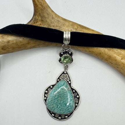 Vintage Silver Gemstone Pendant | Green Amazonite Silver Bronze Black Velvet Choker Necklace