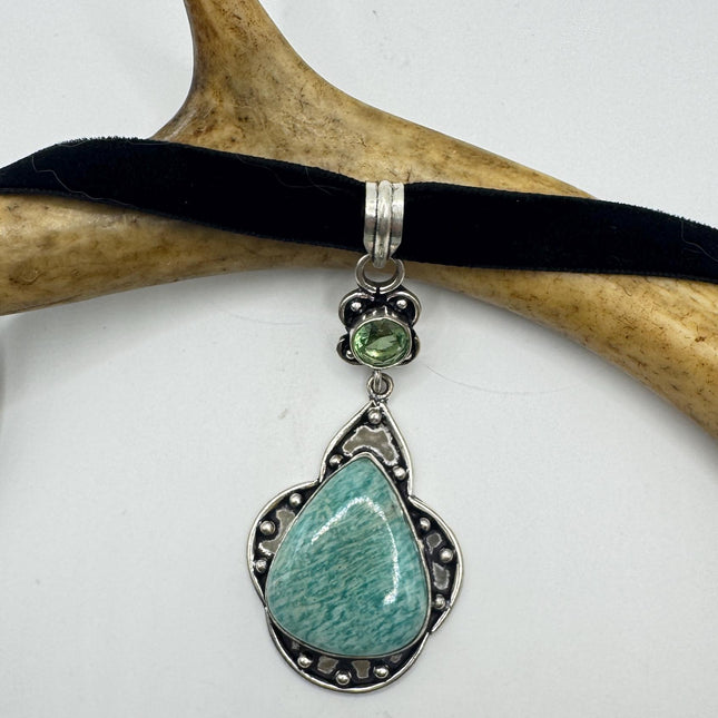Vintage Silver Gemstone Pendant | Green Amazonite Silver Bronze Black Velvet Choker Necklace