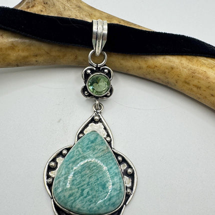 Vintage Silver Gemstone Pendant | Green Amazonite Silver Bronze Black Velvet Choker Necklace