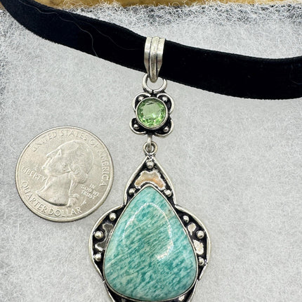 Vintage Silver Gemstone Pendant | Green Amazonite Silver Bronze Black Velvet Choker Necklace