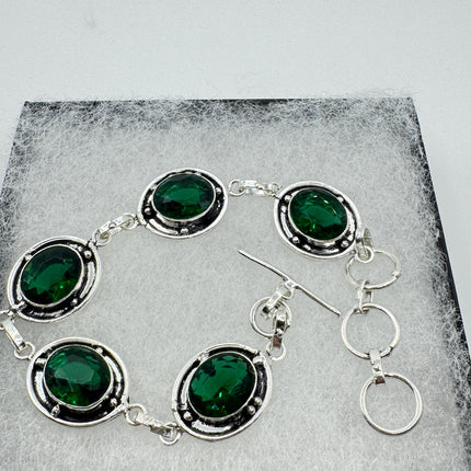 Vintage Green Glass Silver Toggle Bracelet Silver Bronze