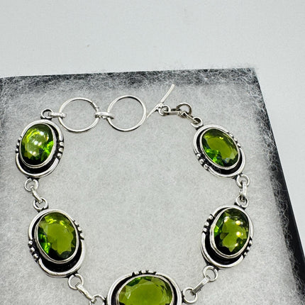 Vintage Green Glass Silver Toggle Bracelet Silver Bronze