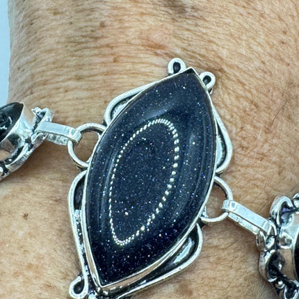 Vintage Black Sandstone Toggle Bracelet Silver Bronze