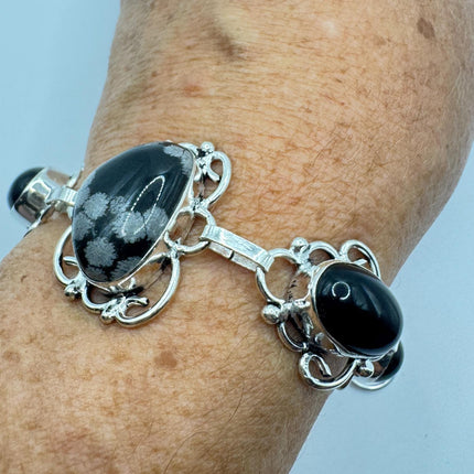 Vintage Snowflake Obsidian Black Onyx Toggle Bracelet Silver Bronze