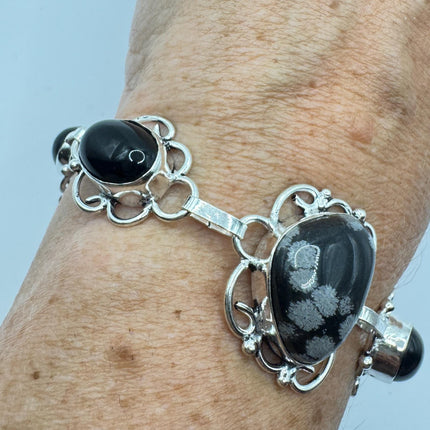 Vintage Snowflake Obsidian Black Onyx Toggle Bracelet Silver Bronze